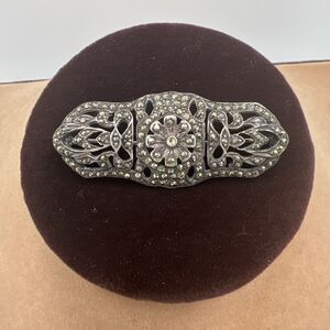 Vintage Art Deco Silver Marcasite Intricate Filigree Wide Bar Pin Brooch